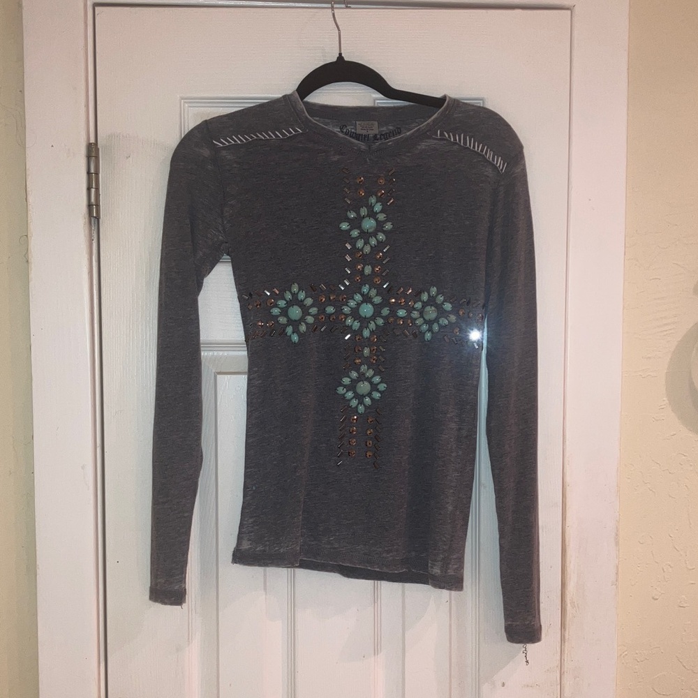 Charcoal Long Sleeve Top with Turquoise Embellishments